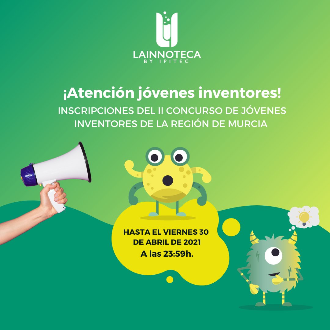 ¡Últimos días de plazo para participar en #INNOTECA21! 📣 

Jóvenes inventores de ESO, Bachiller o FP, hasta este viernes estás a tiempo para presentar tu invento. 💡💭

¡Con tu idea puedes llegar a constituir una patente! 🔝
ceeim.es/innoteca/