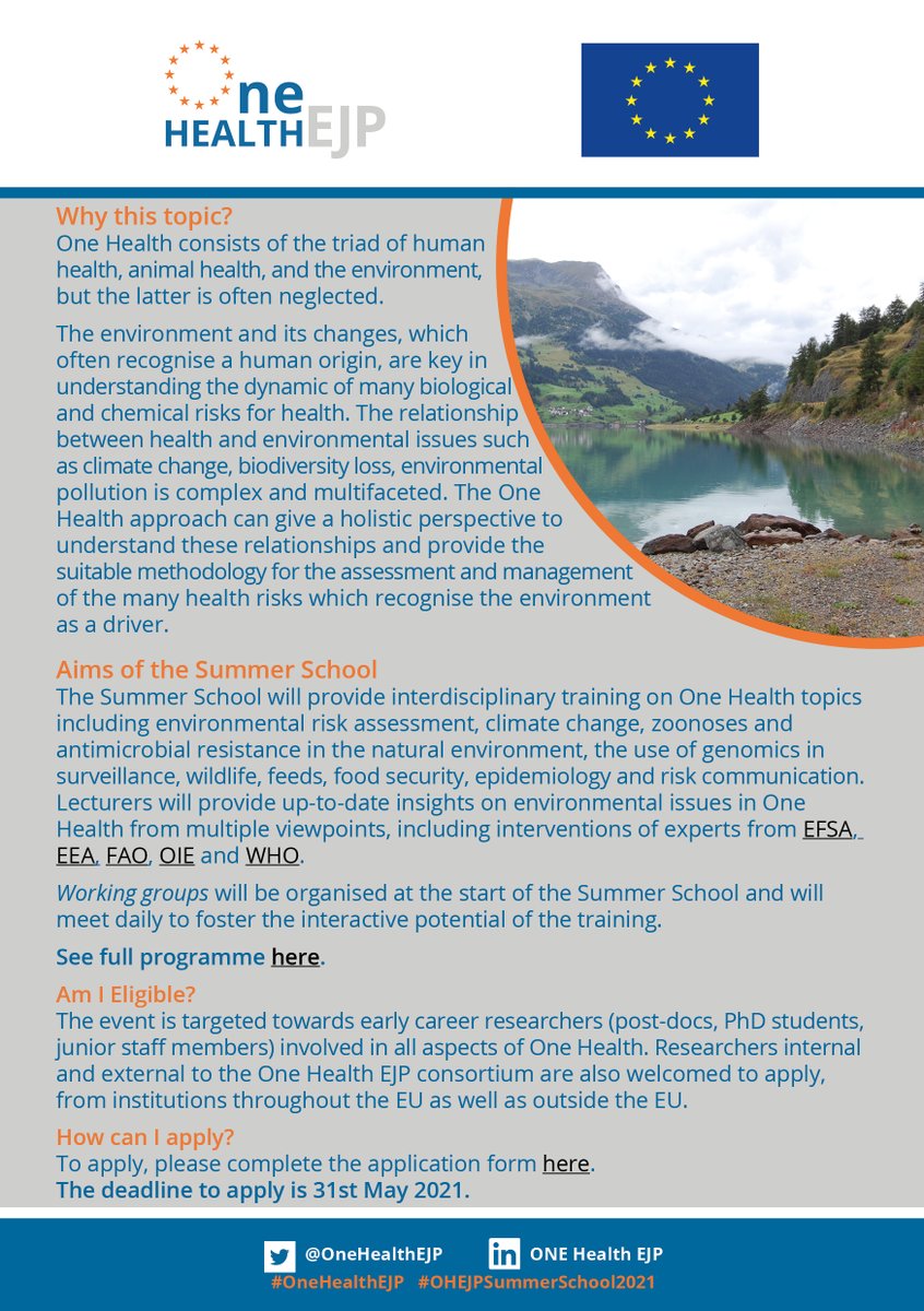 📣 Applications for the #OneHealthEJP Summer School 2021 are now OPEN 📣 

For more information visit our website: onehealthejp.eu/summer-school-… 

This virtual event is open to all &amp; is free to attend.
#OneHealth #OHEJPSummerSchool2021 #Environment #PhDchat #ECRchat #H2020 #Health #AMR