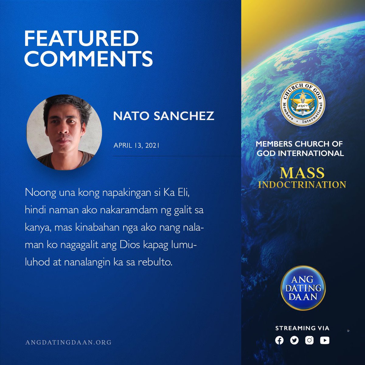 AngDatingDaanTV's tweet image. Viewers from different places are reacting to Ang Dating Daan’s Mass Indoctrination.

Below are the featured comments from April 13, 2021.

#PureDoctrinesOfChrist 
#BiblicalDoctrinesDay13