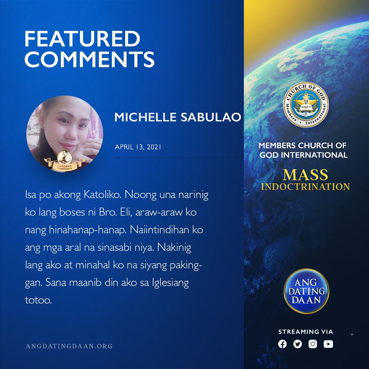 AngDatingDaanTV's tweet image. Viewers from different places are reacting to Ang Dating Daan’s Mass Indoctrination.

Below are the featured comments from April 13, 2021.

#PureDoctrinesOfChrist 
#BiblicalDoctrinesDay13