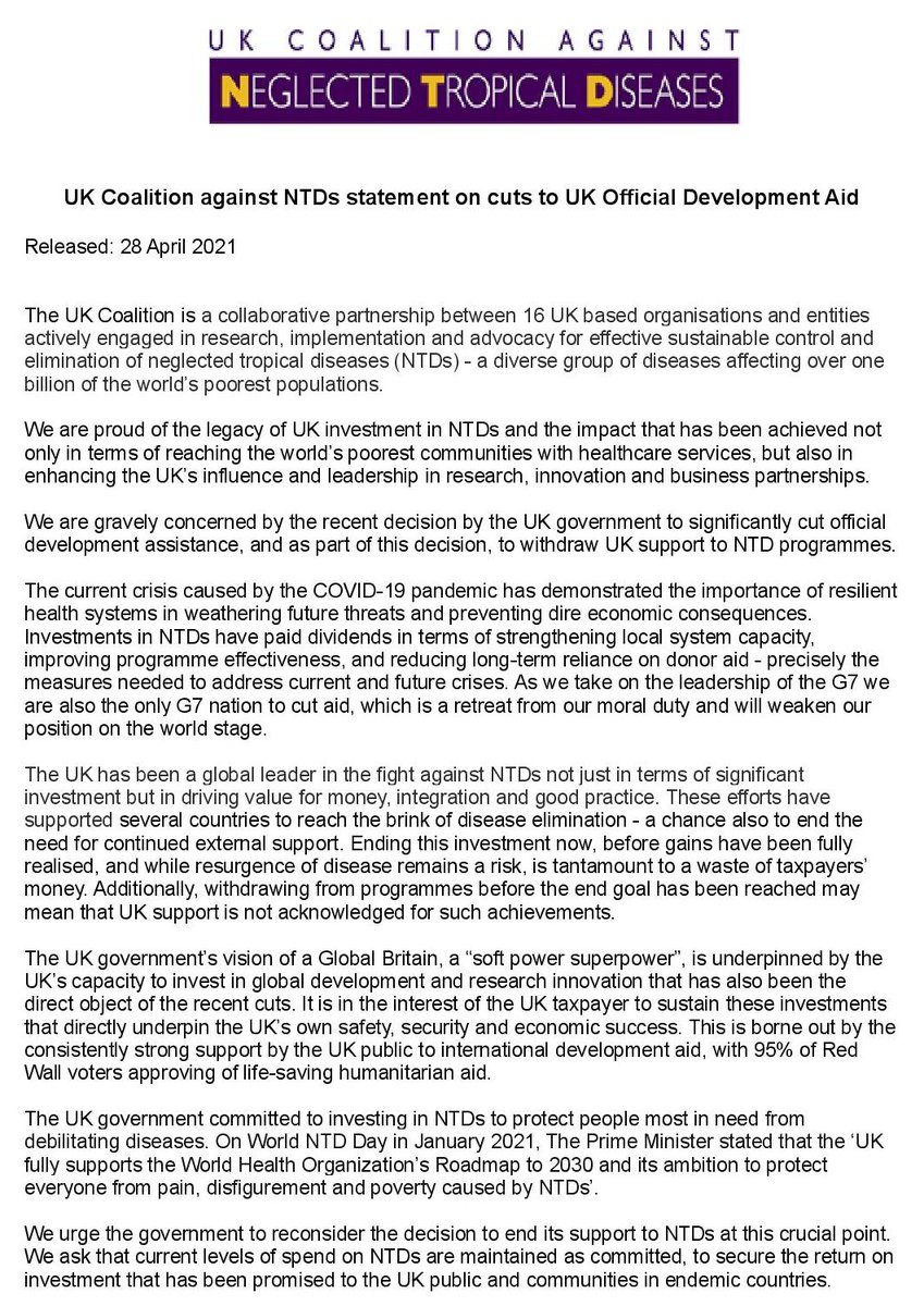 1/4: UK Coalition statement in response to ODA cuts. We are proud of the legacy of UK investment in NTDs and are gravely concerned by the recent decision by @FCDOGovUK to significantly cut #UKAid , and as part of this decision, to withdraw UK support to NTD programmes.