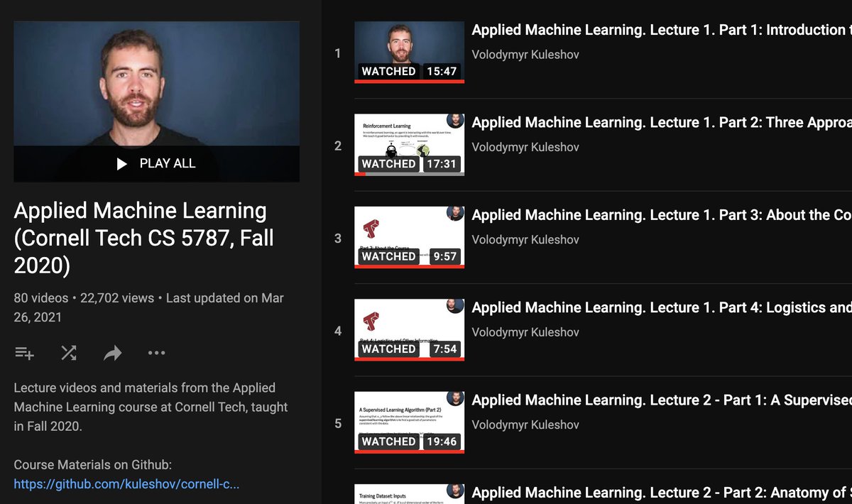 Applied Machine LearningCornell Tech CS 5787Volodymyr KuleshovA machine learning introductory course that starts from the very basics, covering all of the most important machine learning algorithms and how to apply them in practice. https://www.youtube.com/playlist?list=PL2UML_KCiC0UlY7iCQDSiGDMovaupqc83