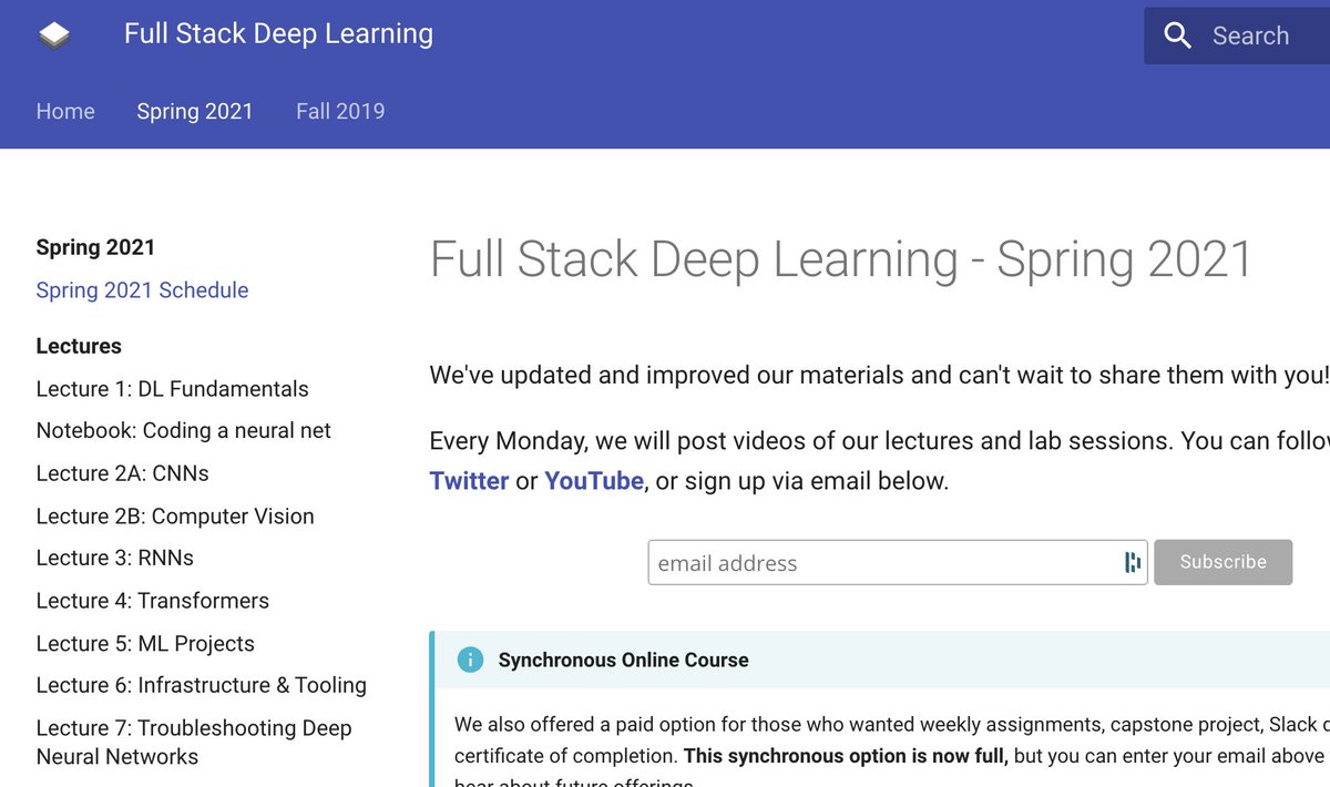 Full Stack Deep LearningUC Berkeley Spring 2021 Online CourseSergey Karayev, Josh Tobin, and Pieter AbbeelTraining models is just one part of shipping a deep learning project. This course teaches full-stack production deep learning. https://fullstackdeeplearning.com/spring2021/ 