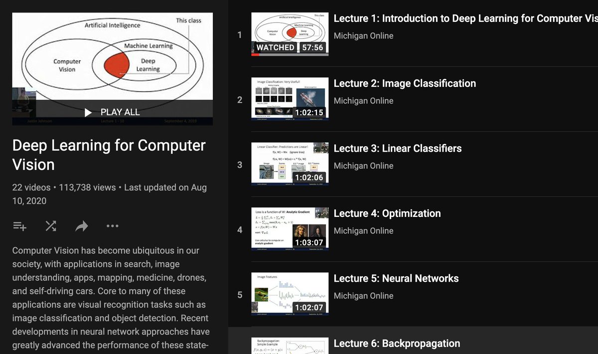 Deep Learning for Computer VisionUniversity of Michigan. EECS 498-007 / 598-005Justin JohnsonA deep dive into neural-network-based DL methods for CV, with a focus on training and debugging neural networks and understanding cutting-edge research. https://www.youtube.com/playlist?list=PL5-TkQAfAZFbzxjBHtzdVCWE0Zbhomg7r