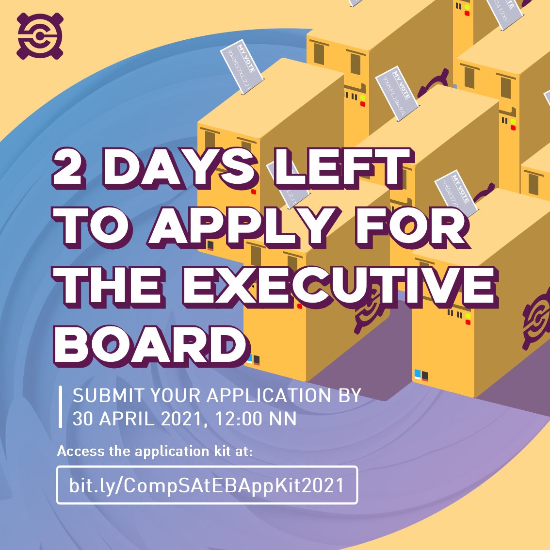 CompSAt's tweet photo. 2 days left to apply for the CompSAt Executive Board! Access the application kit at https://t.co/pbn669Onw3. Submit your application by Friday, 30 April 2021 at 12:00 NN.

Promo by Kenneth King Ko https://t.co/1cbBAEXXV0