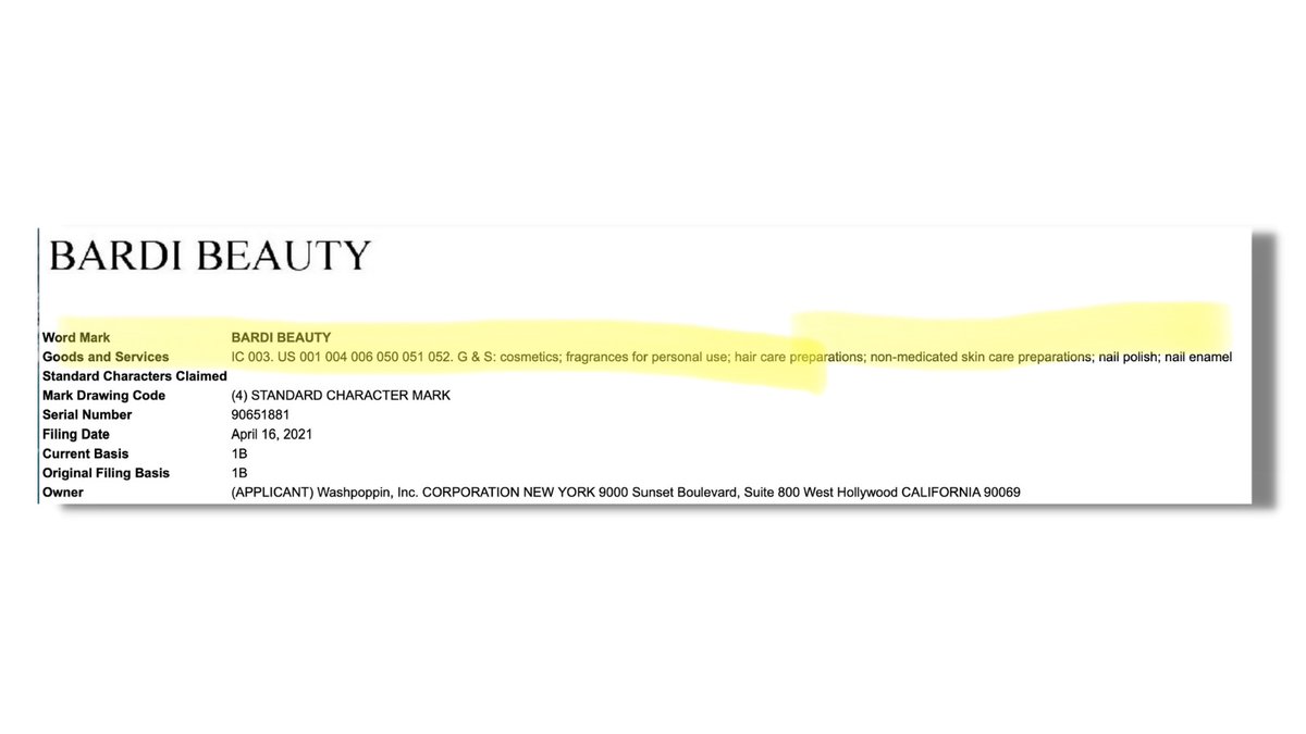 Cardi's company is planning to start a line of cosmetics, fragrances, hair products & nail polish. How I know? The trademark records show me. That "IC 003" tells me what legal category the trademark is in, and the words describe what they plan to do w/in the category.