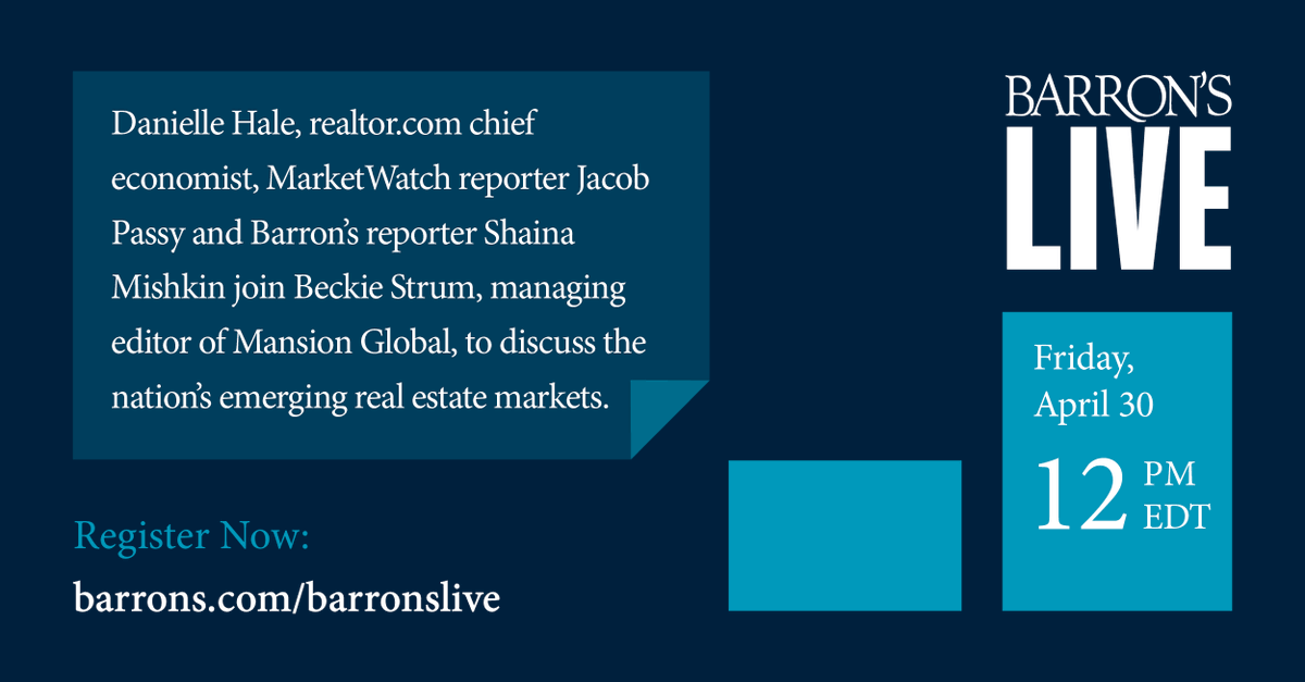 MansionGlobal's tweet photo. This Friday, Danielle Hale, realtordotcom chief economist, MarketWatch reporter @jepassy and Barron's reporter @ShainaMishkin will join @BeckieStrum, managing editor of Mansion Global, to discuss the U.S.'s emerging real estate markets. Register here: https://t.co/ABRAnw0frq https://t.co/yjeUXQ5WCj