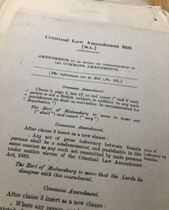 In 1921 the House of Lords rejected a proposal to add a new offence of acts of gross indecency between women under the Criminal Law Amendment Bill. Unlike sexual acts between men, same sex relations between women had not been criminalised. : LCO 2/469