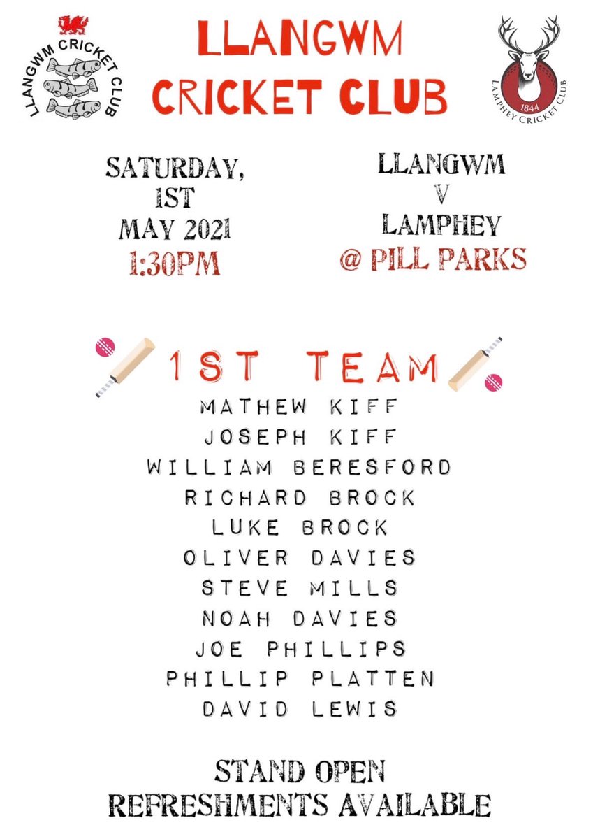 LlangwmCricket's tweet photo. 1st Team Announcement - Home to @LampheyCC the bar will be open for refreshments during and after the game. 1:30pm start. https://t.co/w6QtyMOseD
