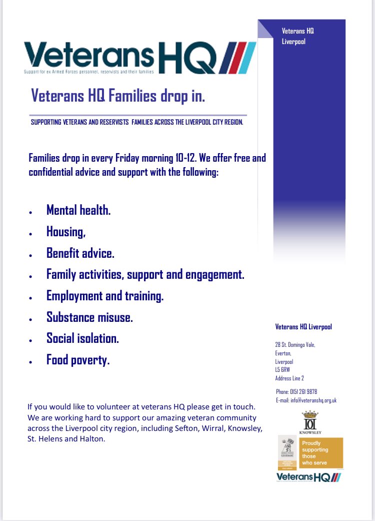 #VeteransHQ @LpoolVeterans supports Veterans & families across @LpoolCityRegion. Please RT @PaulaBarkerMP @DanCardenMP @IanByrneMP  @meaglemp @KimJohnsonMP @JR_MerseyCare @MerseysideVrp @talk_lpool @NHSSFCCG @LDAService @TomorrowsWomen @LiverpoolLSCP @MerseyPolice @PeteCityPrice