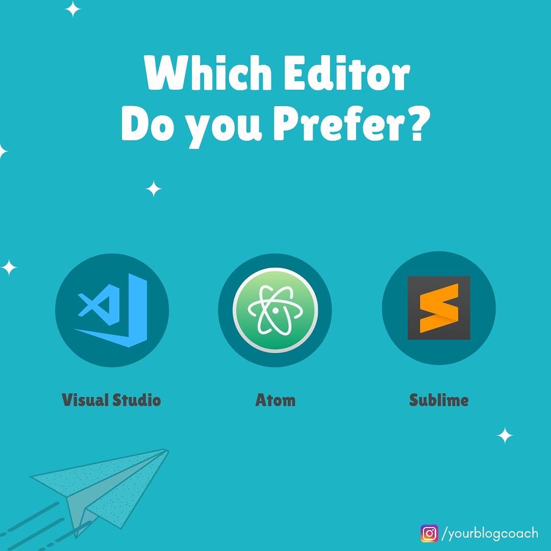 YourBlogCoach1's tweet photo. Which editor do you prefer?
.
.
#tech #code #programming #programmer #yourblogcoach #like #like4like #FolloForFolloBack #SublimeTextFanatic #atomeditor #visualstudiocode #vscode #new #Trending #TrendingNow #goodluck #happycoding https://t.co/jzlMiUZVUK