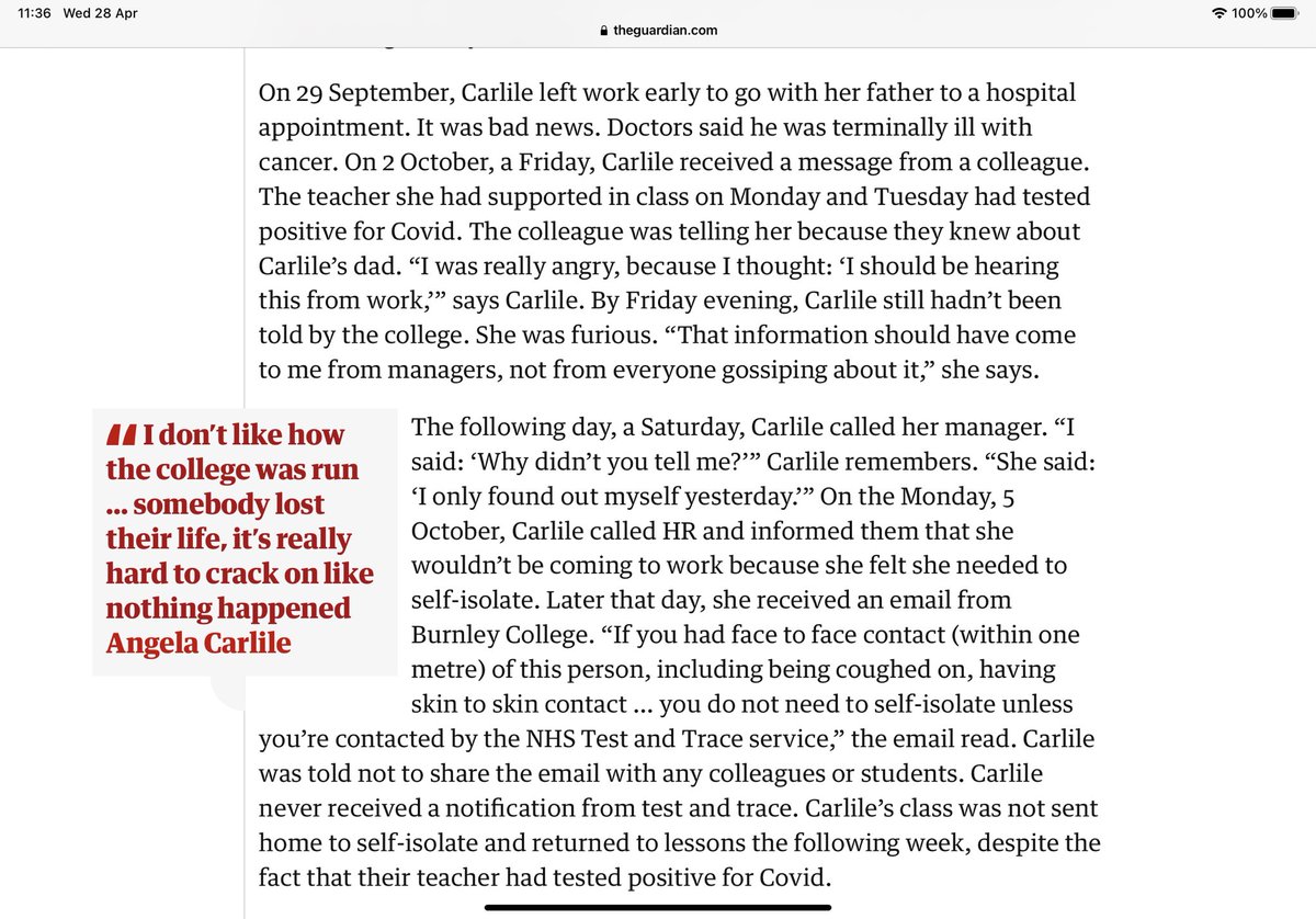 It wasn’t as if Covid was new to the college. By 2nd October one member of staff, who had only days before taken her terminally ill father to hospital, another staff member tested positive. She heard, casually from another member of staff. Even managers were not told promptly.