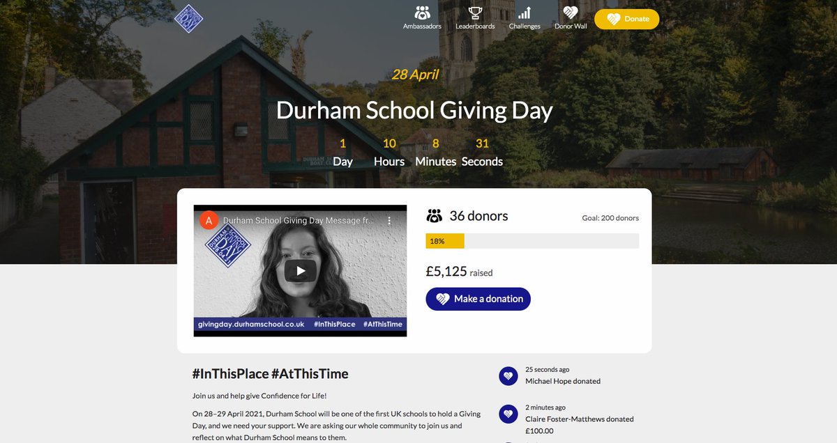 Celebrating their 1st Giving Day over the next 36 hrs is Durham School. We wish them the best of luck as they encourage their community to come together in support of Durham pupils.  💙 💛

Follow their day here - givingday.durhamschool.co.uk

#GivingDay #InThisPlace #ProudPartner