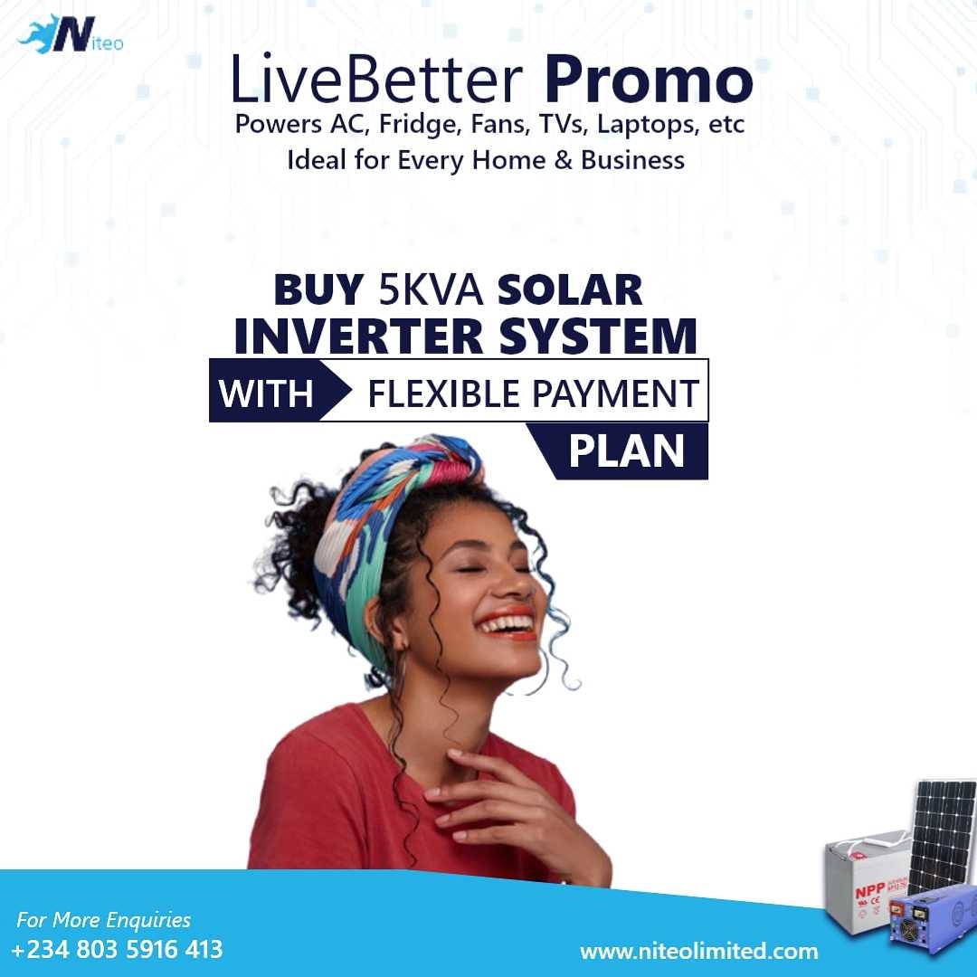 Buy 5kva solar-inverter and pay conveniently in 3 instalment spread across 3 months.
 Ideal for homes and businesses. 

No more power outrage🕯️💡⚡

Call us today; 
+234 803 5916 413. 

T &amp; C apply.

#NiteoLimited #NiteoSolarSolutions #RenewableEnergy #LiveBetter CCTV Pastor