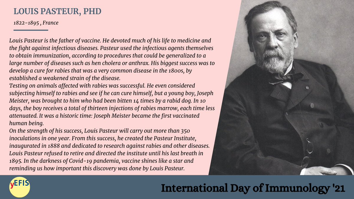 'I admire Louis Pasteur for having had the courage at that time to go from animals to humans to test the first vaccine against rabies. He is the founder of the vaccine, a great discovery highlighted during the Covid-19 pandemic.' @KellerMossadegh @FCYImmuno #ThankYouImmunology