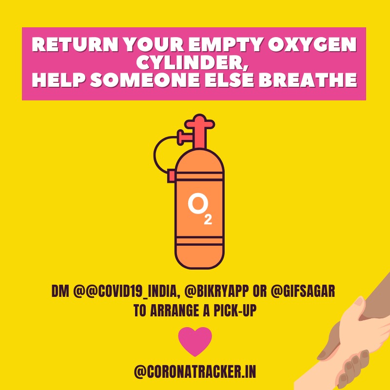 India is running out of oxygen cylinders. Please return your empty oxygen cylinders so others have a chance to save their loved ones. DM this account or <a href="/Bikryapp/">Bikry</a> or <a href="/gifsagar/">Grokkamamu</a> or <a href="/AbhishekBhayana/">Abhishek Bhayana</a> and we will help you figure it out.