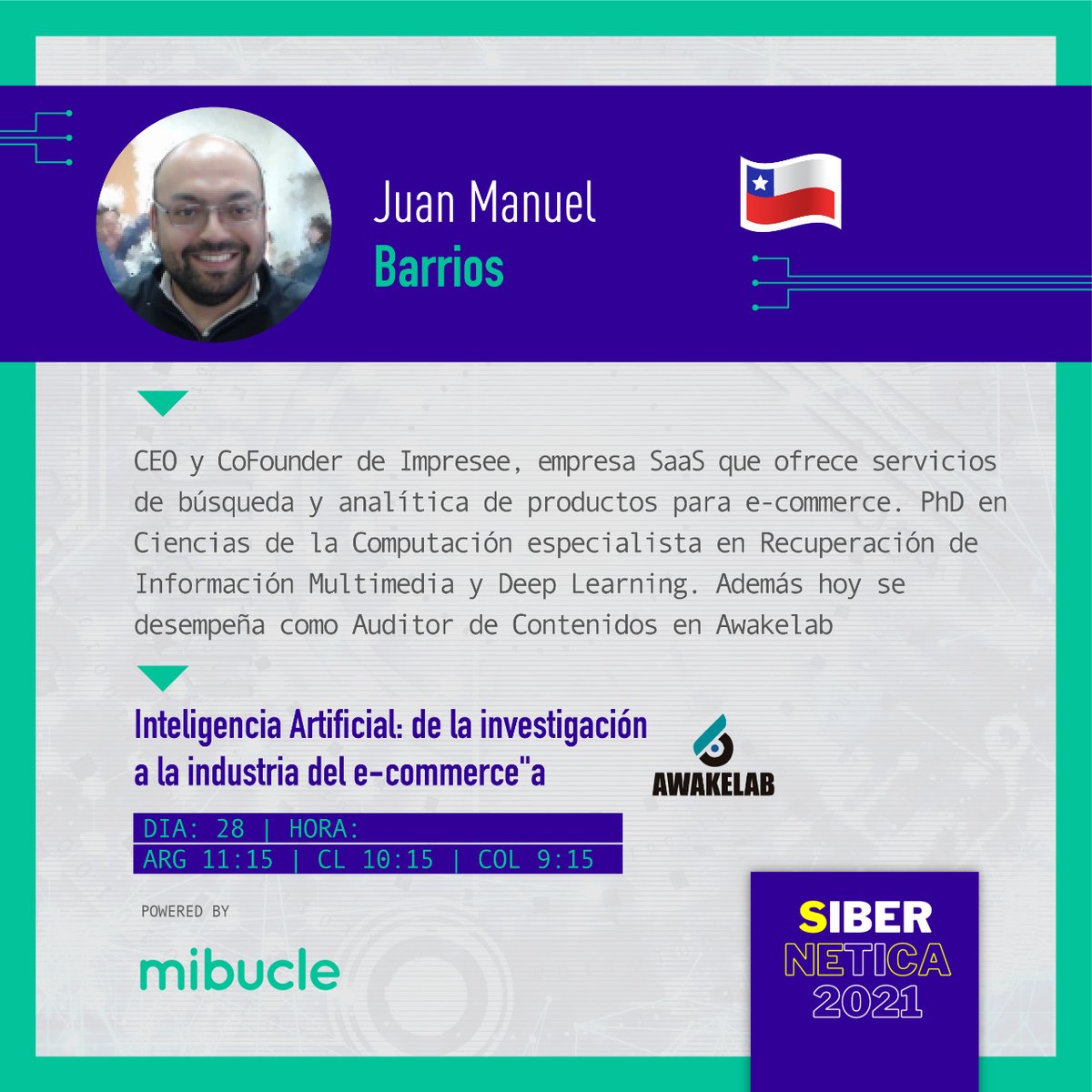 Hoy es la charla: "Inteligencia Artificial: de la investigación a la industria del e-commerce", con Juan Manuel Barrios (Auditor de Contenidos en AWAKELAB)  🤖 en #SibernéTIca (cortesía de <a href="/mibuclecom/">Mibucle.com</a> 
🕒 10:15 hrs. CL

¡No te la pierdas! mtr.cool/djwfmrwpym