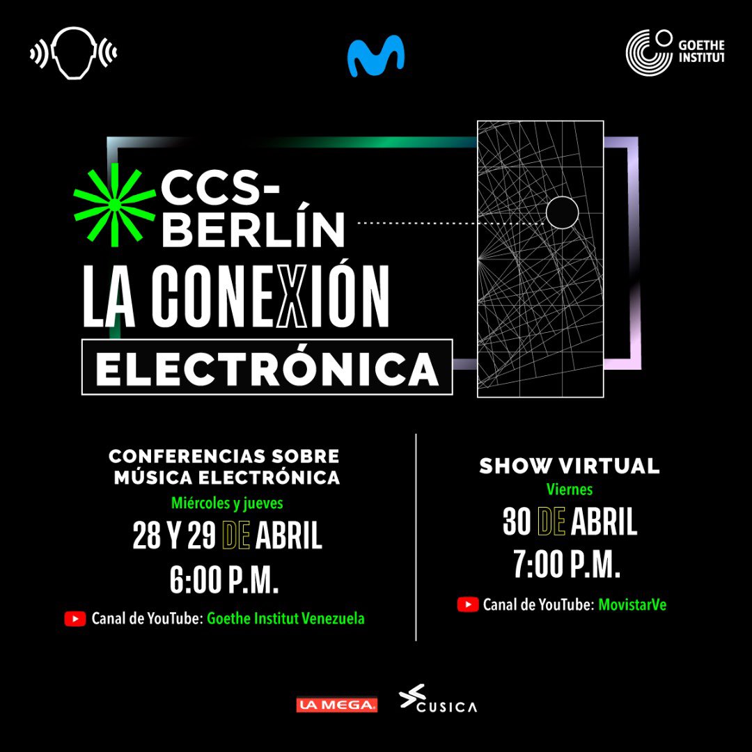 ¡Comenzamos esta tarde!

Nos encontramos hoy a las 6:00 p.m. en la primera conferencia de Música Electrónica, por el canal de YouTube del @goetheccs. 

Aquí el link directo —>> youtu.be/FSyKkLBYe_Y

CCS-BERLIN: La Conexión Electrónica