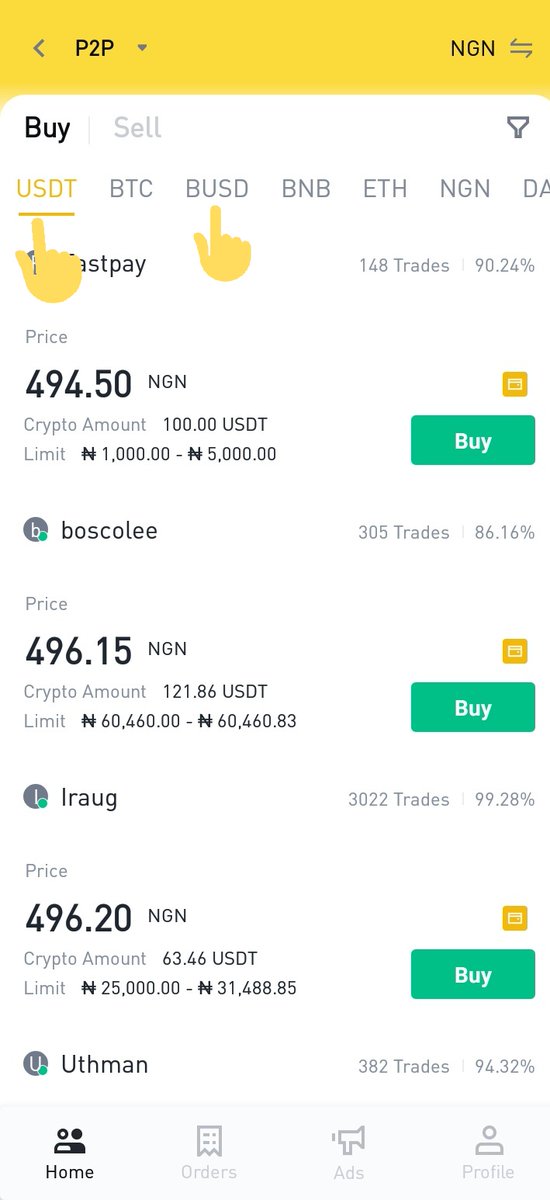 1. BUY A STABLE COIN FROM BINANCEThe first step you have to follow is to buy a stable coin, by stable coin i mean  $USDT or  $BUSD these coins are available on Binance P2P platform. The reason for this is because it won& #39;t loose value while you& #39;re at it.