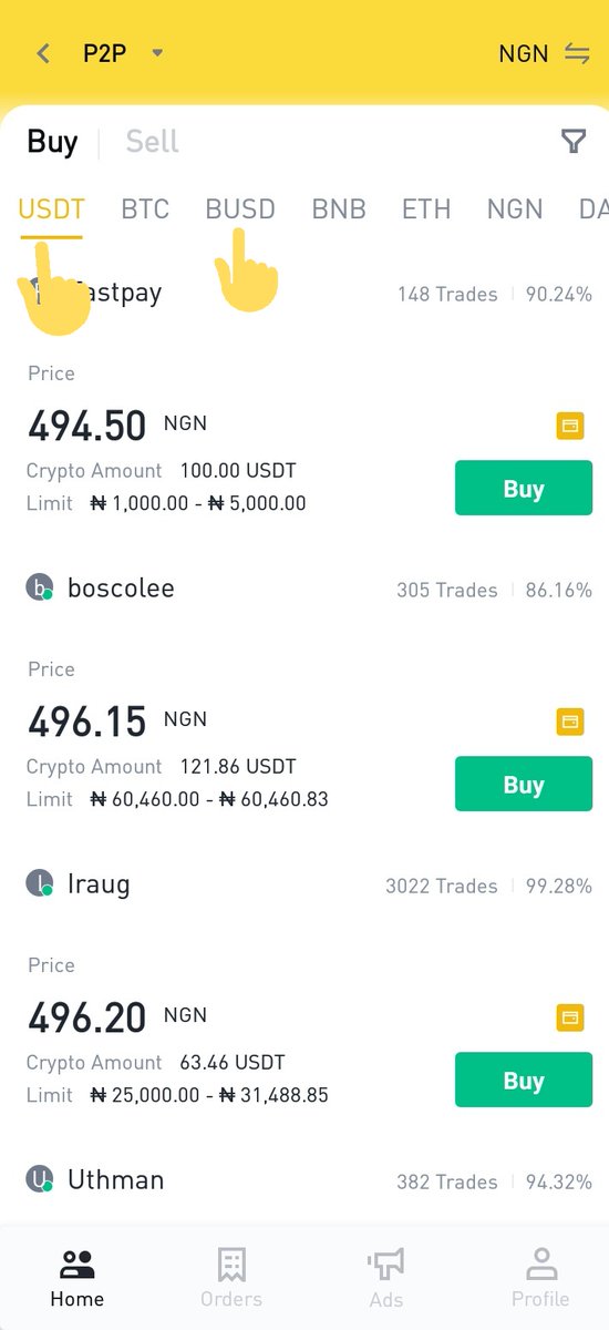 1. BUY A STABLE COIN FROM BINANCEThe first step you have to follow is to buy a stable coin, by stable coin i mean  $USDT or  $BUSD these coins are available on Binance P2P platform. The reason for this is because it won't loose value while you're at it.