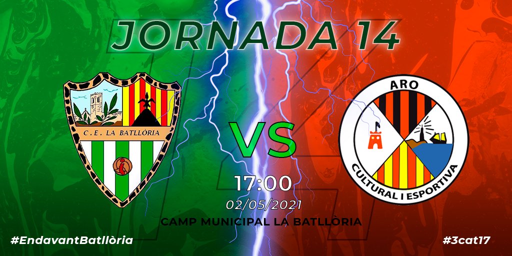 🚨1r EQUIP | PROPER PARTIT🚨

El nostre 1r Equip vol seguir sumant punts! Aquesta setmana rebrà a casa a l'<a href="/AroCE10/">Aro C.E.</a>. A per la victòria!🤙

🆚️ <a href="/AroCE10/">Aro C.E.</a>
🗓 02/05
🕔 17:00
⚽️ J.14
🏟 Mpal. La Batllòria 

#EndavantBatllòria #3cat17