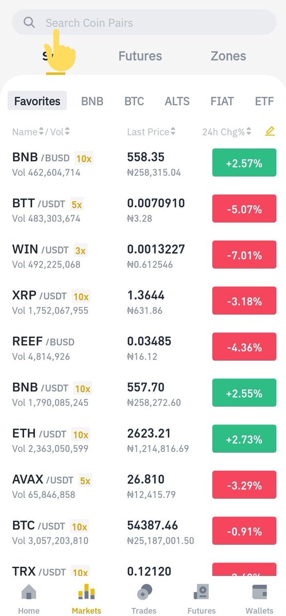2. TRADE THE STABLE COIN FOR  $XRP OR ANY OTHER ALTCOIN OF YOUR CHOICE.After buying the stable coin you can now trade it for any coin of your choice-Select markets in the Binance app (located at the bottom)-Search for  $XRP or any altcoin you'll like to buy