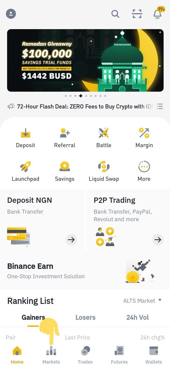 2. TRADE THE STABLE COIN FOR  $XRP OR ANY OTHER ALTCOIN OF YOUR CHOICE.After buying the stable coin you can now trade it for any coin of your choice-Select markets in the Binance app (located at the bottom)-Search for  $XRP or any altcoin you'll like to buy