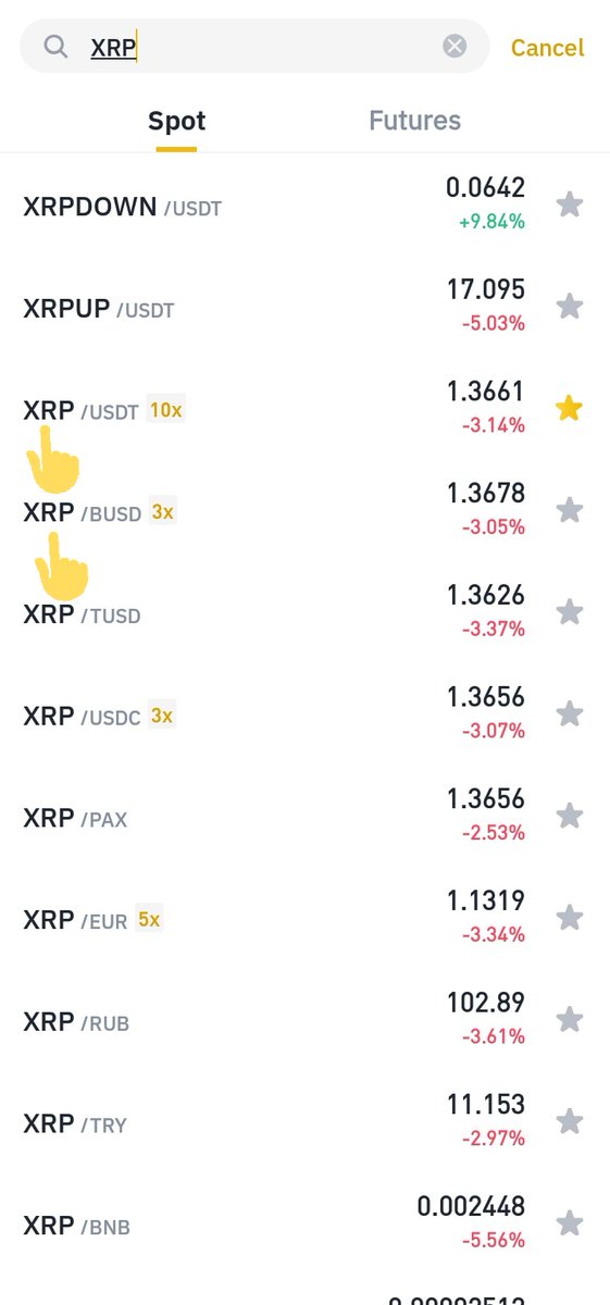 -Pick a pair depending on the stable coin you bought-Select the buy option-Input the amount of  $XRP you'll like to buy then you tap "Buy XRP" Note: make sure its equivalent in  $USDT or  $BUSD is greater than 10. If not you won't be able to buy.