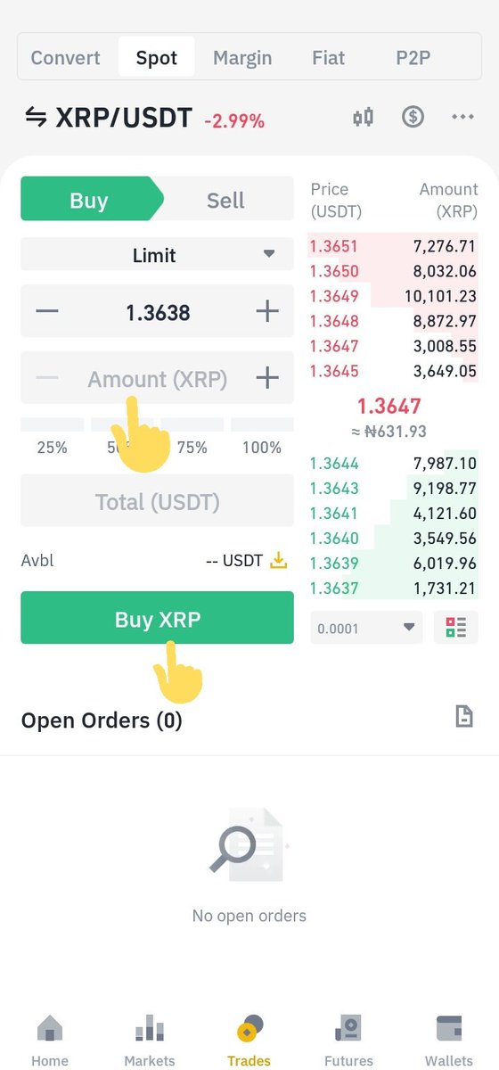 -Pick a pair depending on the stable coin you bought-Select the buy option-Input the amount of  $XRP you'll like to buy then you tap "Buy XRP" Note: make sure its equivalent in  $USDT or  $BUSD is greater than 10. If not you won't be able to buy.