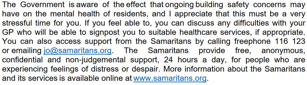 JamieRobb's tweet image. Wow @RobertJenrick. Extract below from his pitiful response to my letter, in which he suggests I contact the Samaritans!

What is a government for when their own failings lead them to this sort of condescending advice. The false sympathy is disgusting.

#EndOurCladdingScandal