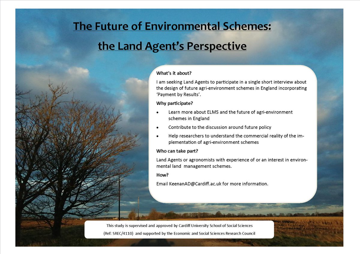 I'm recruiting participants for my research into the Agriculture Act 2020. If you're a Land Agent with any experience of agri-environment schemes (or interest in #elms) I'd love to conduct an interview. Please share, or get in touch!