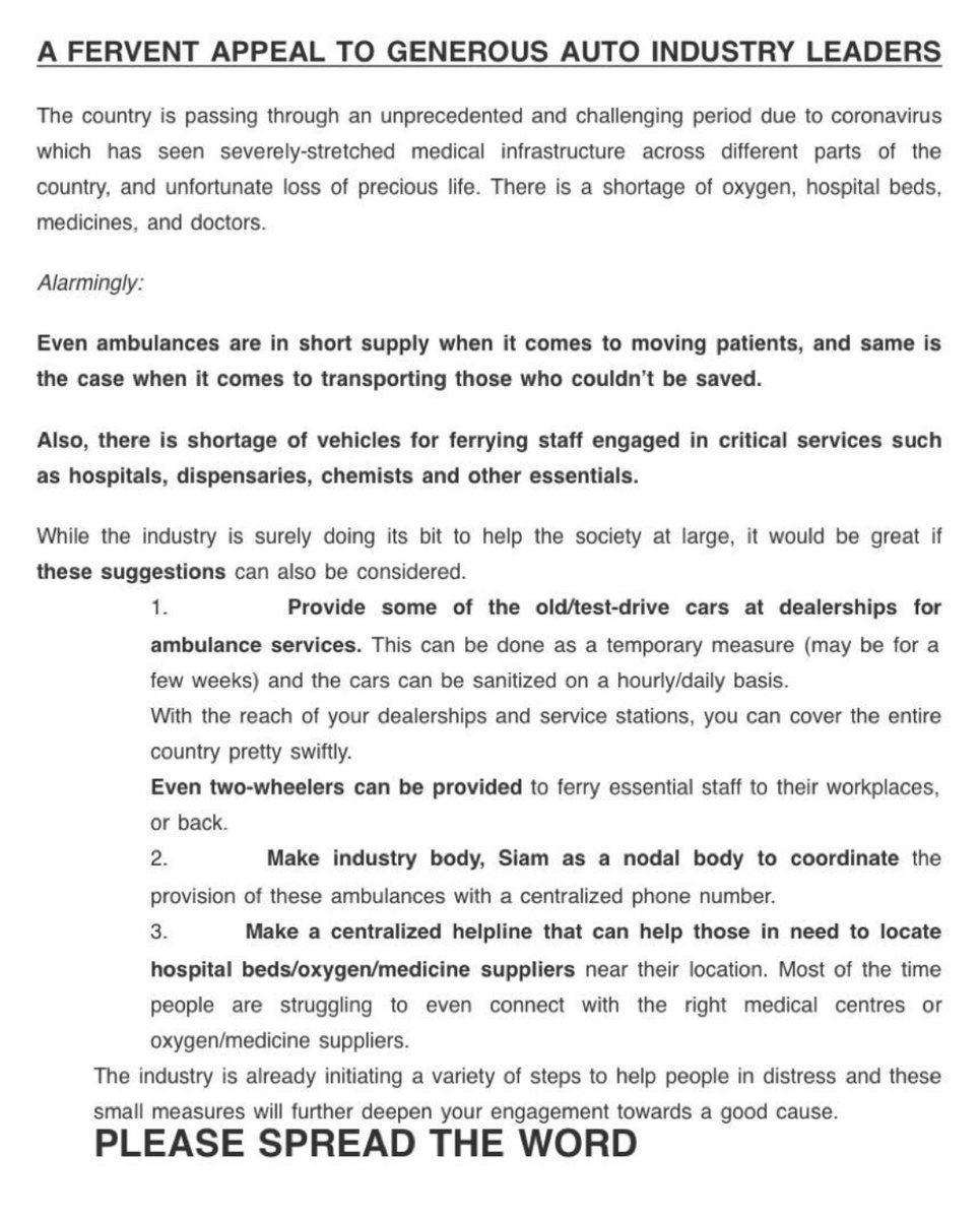 A FERVENT APPEAL TO AUTO INDUSTRY LEADERS
@RNTata2000
@anandmahindra
@vikramkirloskar
@Maruti_Corp
@HyundaiIndia
@anishshah21
@TataMotors
@KiaMotorsIN
@HondaCarIndia
@rajeshmenonSIAM
@srivastava91265
@santiyer
@AudiIN
@HeroMotoCorp
@tvsmotorcompany
@rajeev_chaba
@hormazdsorabjee