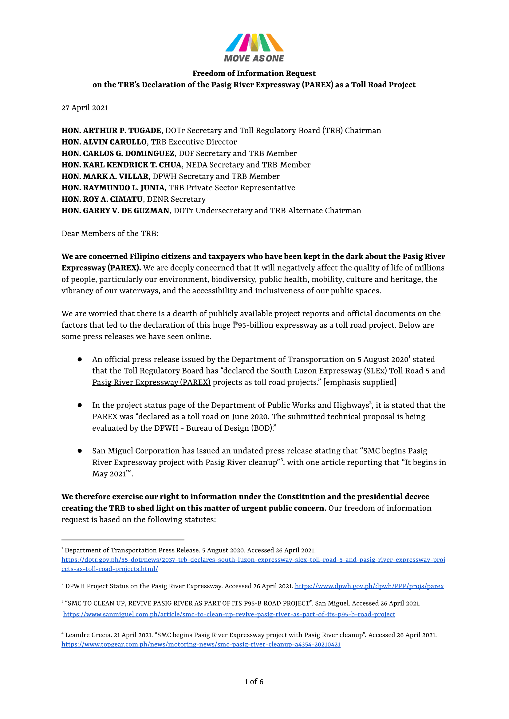 Move As One Coalition Concerned With The Lack Of Publicly Available Documents Regarding Trb S Declaration Of The 95 Billion Parex As A Toll Road Project The Moveasone Coalition Sent A Foi