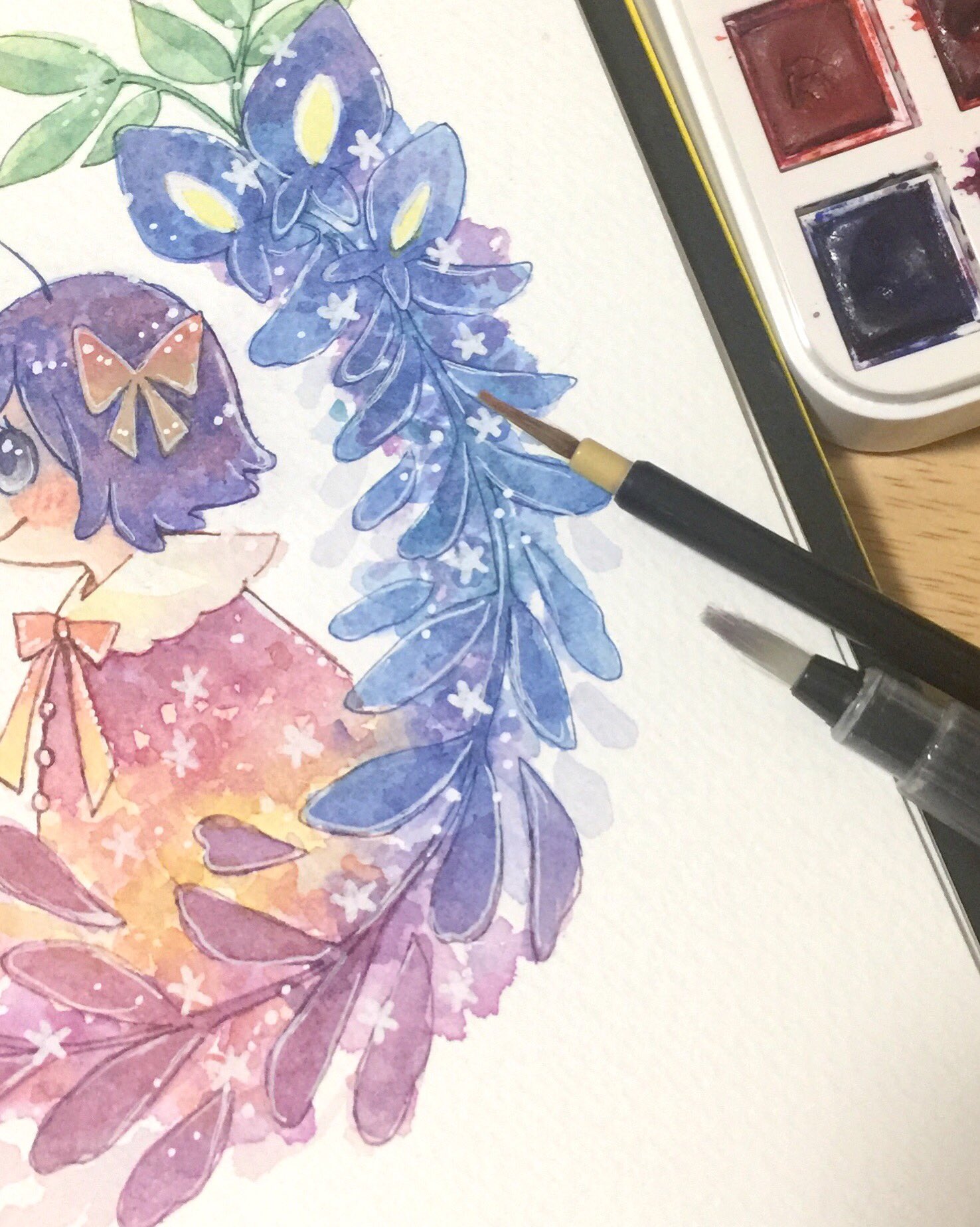 森ノ綾 一応 藤の花を描いてるけど やっぱ難しいや 女の子イラスト メルヘン アナログ 水彩イラスト 水彩画 イラスト 藤の花 花イラスト T Co Ojuxwaplgu Twitter