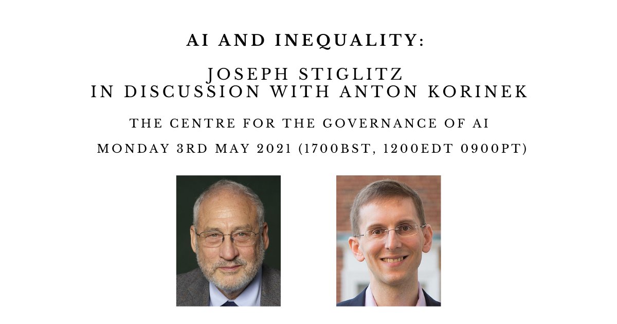 Future of Humanity Institute (@fhioxford) on Twitter photo How can we forecast and mitigate AIās impacts on inequality?
Join us on Monday for an in-depth conversation between <a href="/JosephEStiglitz/">Joseph E. Stiglitz</a> and <a href="/akorinek/">Anton Korinek</a> about AI and inequality.
Monday 3rd May
1700ā1830 BST (0900ā1030 PT, 1200ā1330 EDT)
Registration: crowdcast.io/e/Stiglitz How can we forecast and mitigate AIās impacts on inequality?
Join us on Monday for an in-depth conversation between <a href="/JosephEStiglitz/">Joseph E. Stiglitz</a> and <a href="/akorinek/">Anton Korinek</a> about AI and inequality.
Monday 3rd May
1700ā1830 BST (0900ā1030 PT, 1200ā1330 EDT)
Registration: crowdcast.io/e/Stiglitz