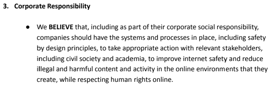 Focus on 'polluter pays' approach in the third G7 Internet Safety Principle which also takes the Carnegie/UK/EU approach to safer systems and processes as a route to safer online environment. Companies have to own the problem in the online environment they create. /4