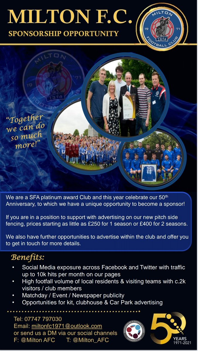 📢 Would you like to become a sponsor of the Club?? 
We have a unique opportunity as part of our 50th Anniversary to become a pitchside sponsor on our spectator fence that will be installed in the next month! Please see flyer below for more details....