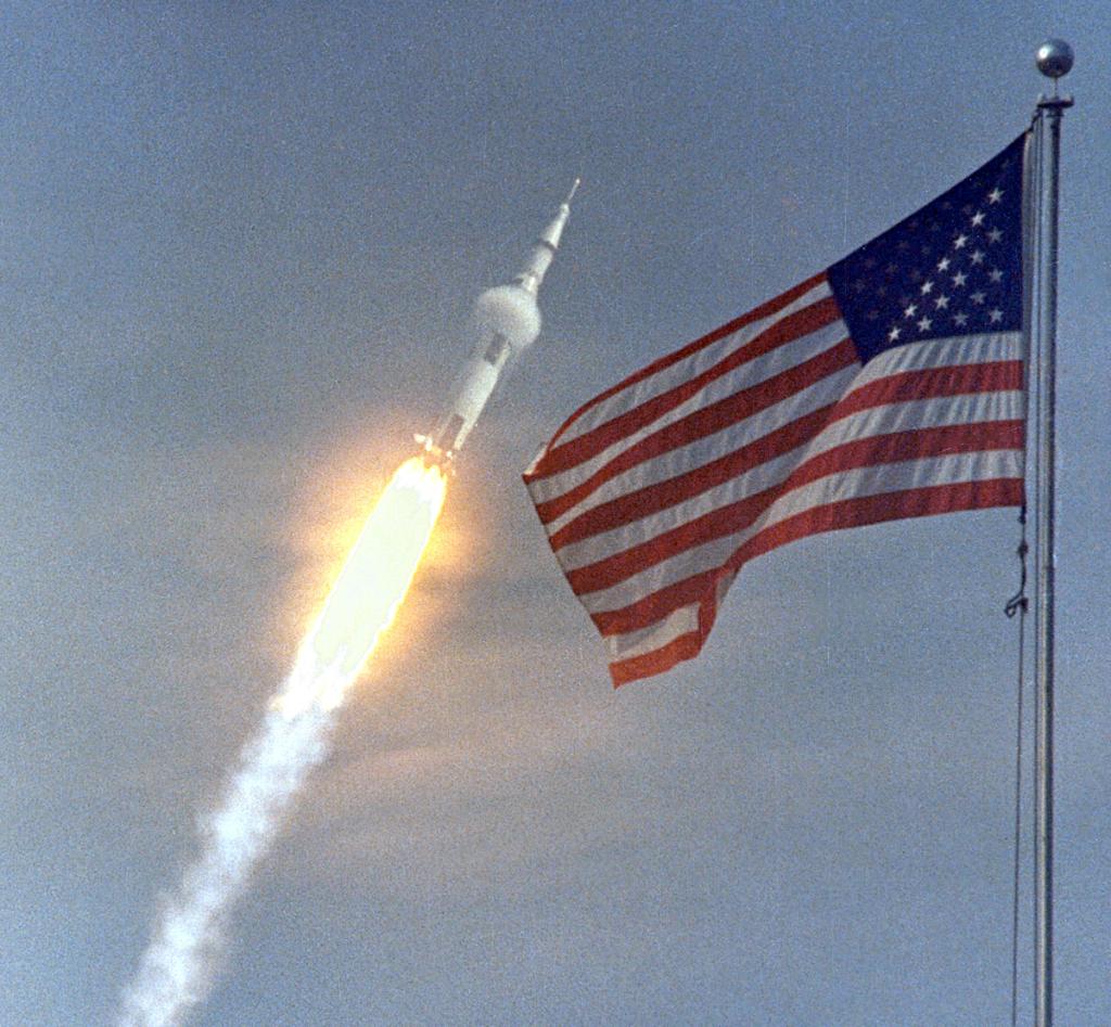 The American flag heralded the launch of Apollo 11, the first Lunar landing mission, on July 16, 1969.