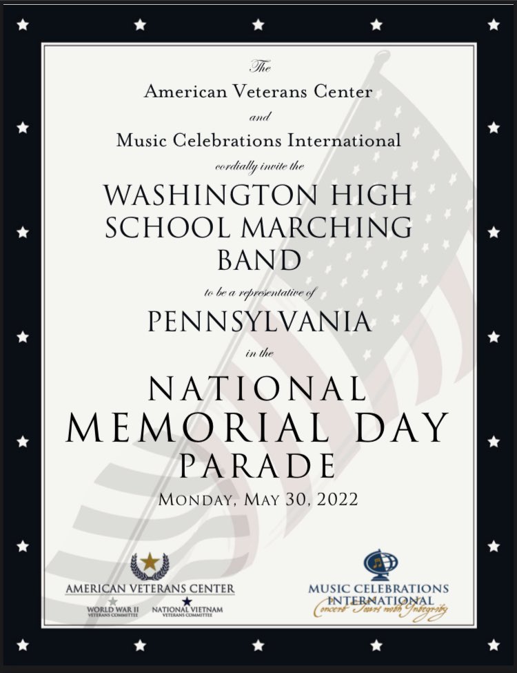 Congratulations to our Wash High Band for being nominated to perform at the 2022 National Memorial Day Parade in Washington D.C.!! We are extremely honored. Thank you to Representative Guy Reschenthaler <a href="/GReschenthaler/">Guy Reschenthaler</a> for your nomination and support. Let’s Go, PREXIES!