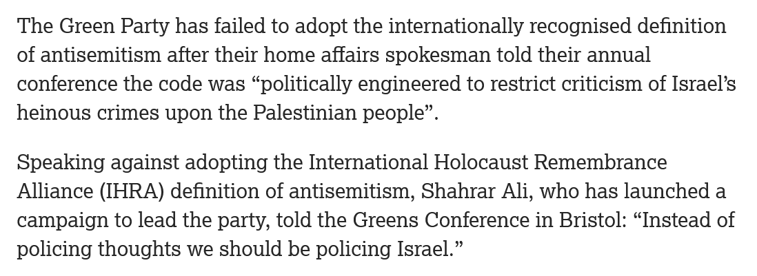 As you may recall, any hesitation about adopting the IHRA definition in toto was considered fair grounds for branding a party as an "existential threat to Jewish life in Britain."  https://www.thejc.com/news/uk/green-party-fails-to-adopt-ihra-antisemitism-definition-at-conference-1.470718