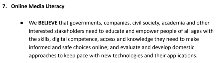 G7 Internet Safety Principle 7 (got my numbers wrong) is media literacy, much exhorted but continually under invested in. Let's see if that changes /8