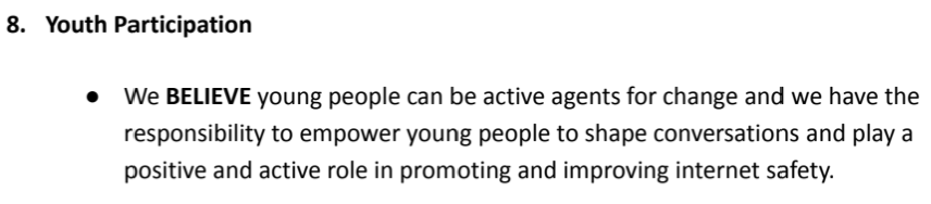 G7 Internet Safety Principle 8 is a reminder to the G7 themselves to involve young people more in policy making. /9