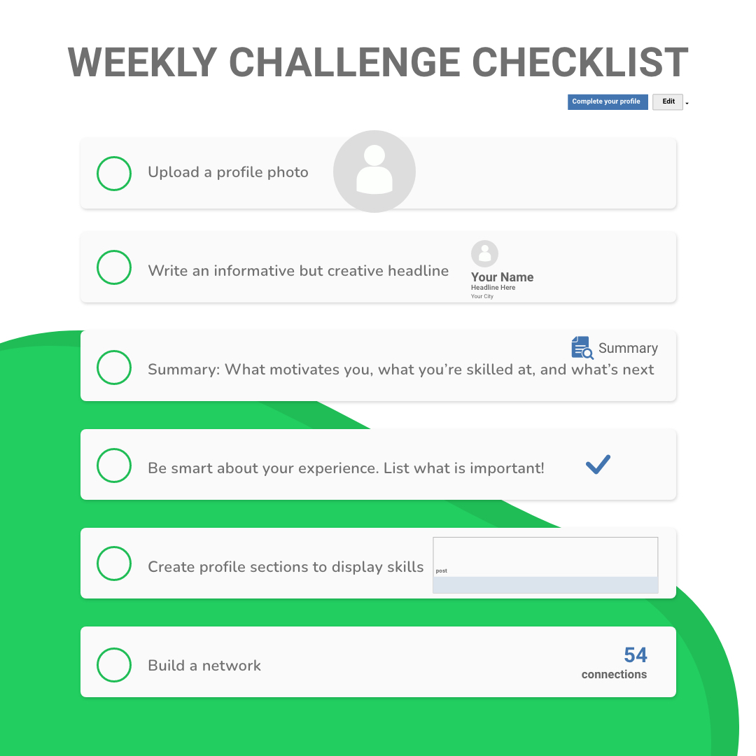 Job hunting can be a little overwhelming, but if you make time every few weeks to polish up your resume &amp; LinkedIn, it can get a little bit easier.  #weeklychecklistchallenge