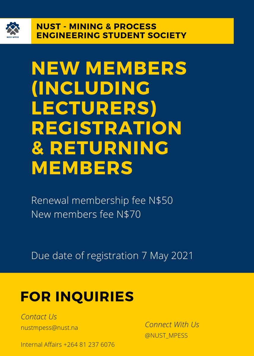 NUST_MPESS's tweet photo. Calling on all new and returning members to register or renew their membership. Join the wining team 🥇.

Contact us via email or through the Internal Affairs Department
(info on poster) https://t.co/qyTowVv19Z
