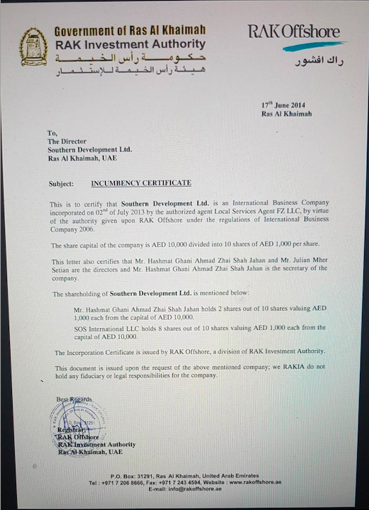 So this is pretty good evidence that Ghani was involved with Southern Development, but the thing that just blew the lid off of everything was obtaining the ownership information of the secret company incorporated in UAE that showed Ghani maintained a 20% stake of the company