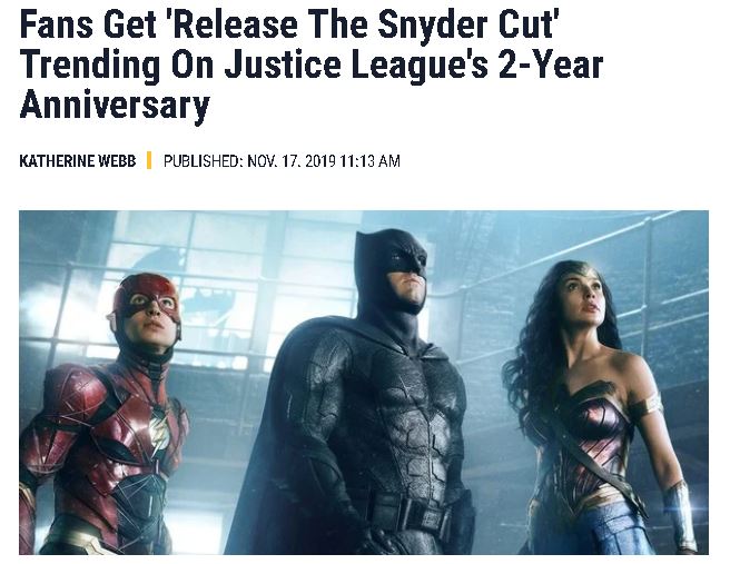 What happened to the Snyderverse and why the tone of WarnerMedia/HBOMax changed?Let me demonstrate a timeline of events that makes sense of the situation.First, November 17, 2019:  #ReleaseTheSnyderCut   trends worldwide( https://www.cinemablend.com/news/2484985/fans-get-release-the-snyder-cut-trending-on-justice-leagues-2-year-anniversary)