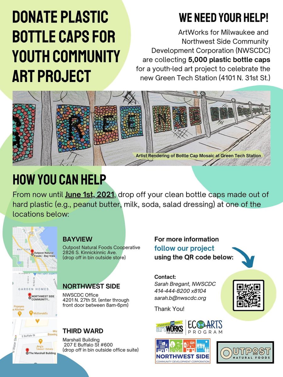 Donate plastic caps for youth Community Art Project! 

The vacant brownfield site at Green Tech Station will be turned into a green infrastructure demonstration and environmental education destination over the summer.

➡️ linktr.ee/artworksformil…