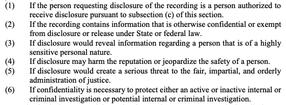 Breaking down the judge's rationale here.The law lays out two separate sets of questions for the court when considering whether to disclose/release body cam video.One is for disclosure (viewing only, no copies).The ruling was that the video WILL be disclosed to the family.