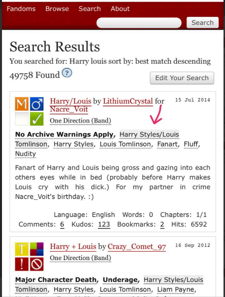 Step3now, if u used search part itll take u here (im using the search of "harry louis" here) there, u click on the gray tag with "/" between the names, and when the result came up u click on "filters" if ur on phone but if ur on laptop itll be just on the side of the screen