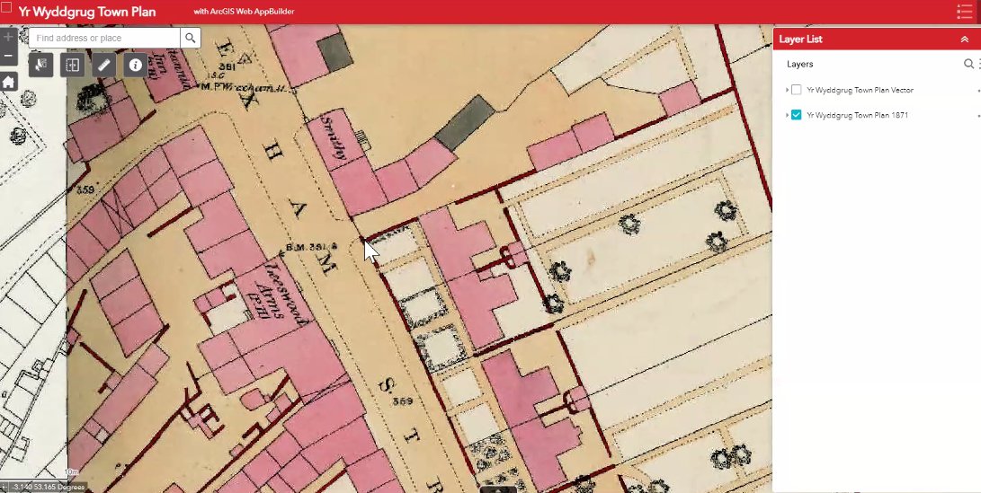 Included in the study area is the town of Mold/Y Wyddgrug and that is recorded with a 1:500 town plan (in colour) which includes buildings, their uses and even interior plans of public buildings.